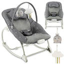 Grau gepolsterter Baby-Schaukelstuhl mit Spielbogen und hängenden Spielzeugen