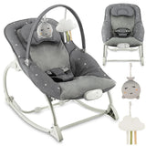 Grau gepolsterter Baby-Schaukelstuhl mit Spielbogen und hängenden Spielzeugen