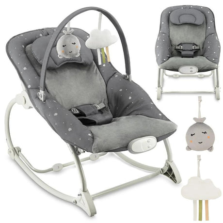 Grau gepolsterter Baby-Schaukelstuhl mit Spielbogen und hängenden Spielzeugen