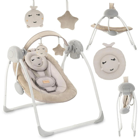 Babywippe in Beige mit Spielzeuganhängern und abnehmbarem Kopfpolster