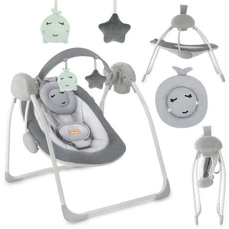 Schwenkbarer Baby-Schaukelstuhl mit Spielzeuganhängern in Grau und Weiß