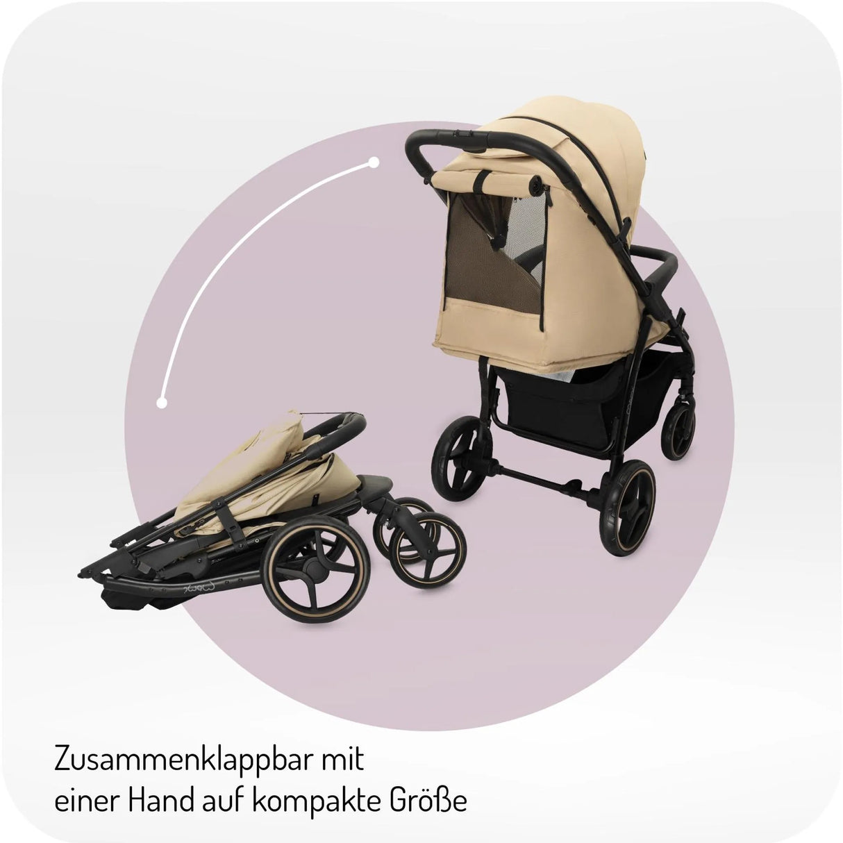 Beige Kinderwagen, zusammenklappbar mit einer Hand, kompakte Größe