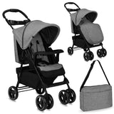 Grau gestreifter Kinderwagen mit verstellbarem Sonnendach und Tragetasche