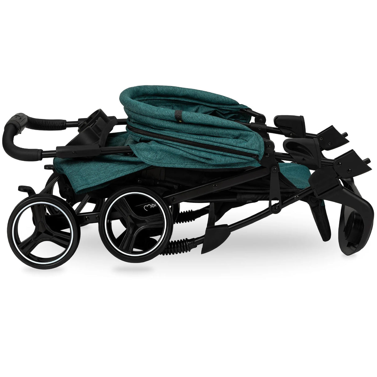 Zusammengeklappter Kinderwagen in grünem Stoff mit schwarzem Gestell