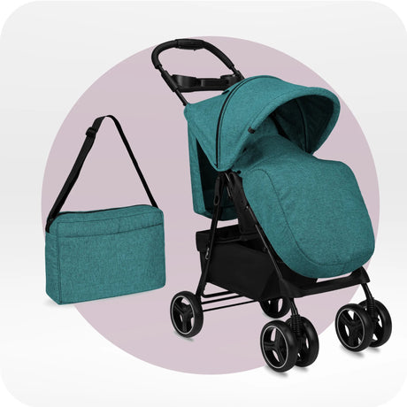 Kinderwagen in Türkis mit Tragetasche und klappbarem Design