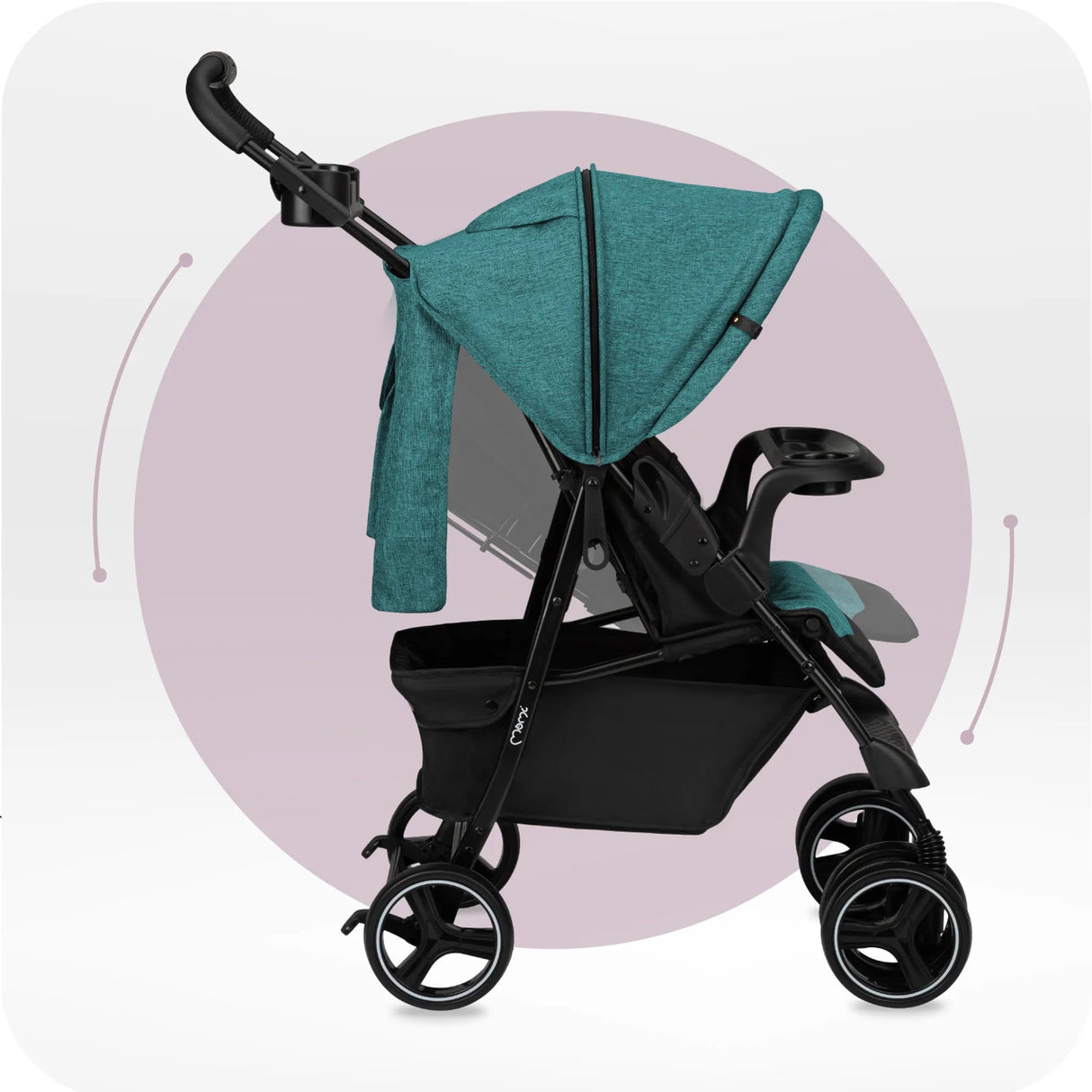 Kompakter Kinderwagen in Türkis mit verstellbarem Sonnenschutz und Ablagekorb