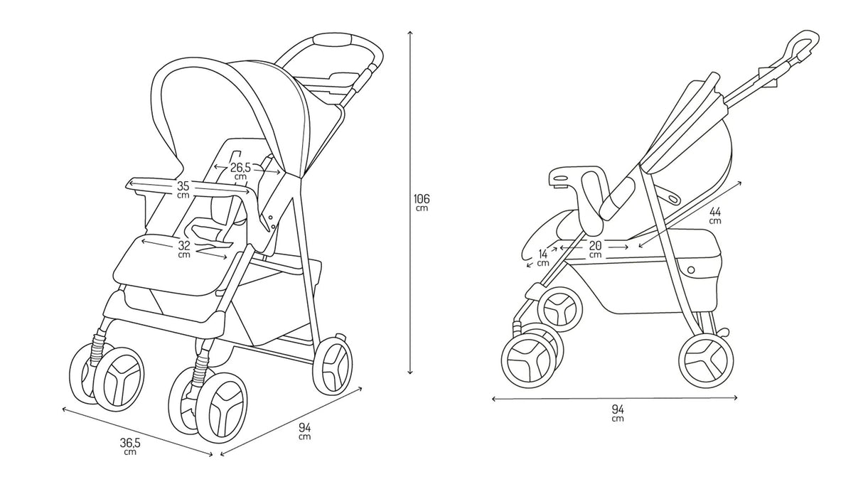 Bebilderte technische Zeichnung eines Kinderwagens mit Maßen und Details