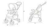 Bebilderte technische Zeichnung eines Kinderwagens mit Maßen und Details