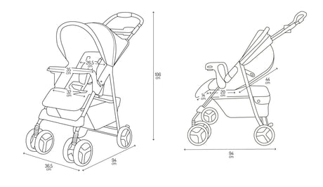 Bebilderte technische Zeichnung eines Kinderwagens mit Maßen und Details