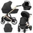 Kombikinderwagen in drei Ansichten: links Seitenansicht mit Babywanne, rechts Frontansicht mit Sportsitz, unten Vorderansicht eines passenden Rucksacks, rechts oben Ansicht eines passenden Autositz dazu.