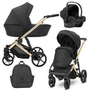Kombikinderwagen in drei Ansichten: links Seitenansicht mit Babywanne, rechts Frontansicht mit Sportsitz, unten Vorderansicht eines passenden Rucksacks, rechts oben Ansicht eines passenden Autositz dazu.