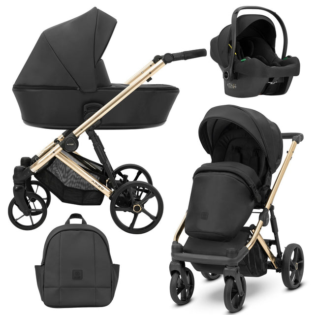 Kombikinderwagen in drei Ansichten: links Seitenansicht mit Babywanne, rechts Frontansicht mit Sportsitz, unten Vorderansicht eines passenden Rucksacks, rechts oben Ansicht eines passenden Autositz dazu.