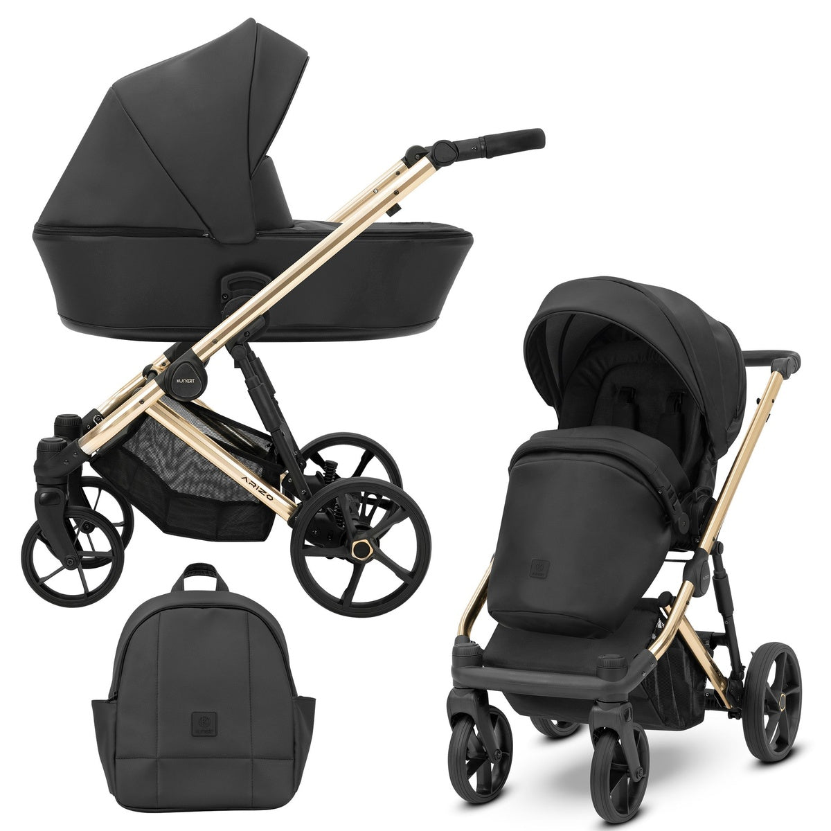 Kombikinderwagen in zwei Ansichten: links Seitenansicht, rechts Frontansicht, unten Vorderansicht eines passenden Rucksacks.