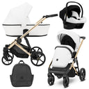 Kombikinderwagen in drei Ansichten: links Seitenansicht mit Babywanne, rechts Frontansicht mit Sportsitz, unten Vorderansicht eines passenden Rucksacks, rechts oben Ansicht eines passenden Autositz dazu.