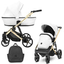 Kombikinderwagen in drei Ansichten: links Seitenansicht mit Babywanne, rechts Frontansicht mit Sportsitz, unten Vorderansicht eines passenden Rucksacks.
