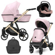 Kombikinderwagen in drei Ansichten: links Seitenansicht mit Babywanne, rechts Frontansicht mit Sportsitz, unten Vorderansicht eines passenden Rucksacks, rechts oben Ansicht eines passenden Autositz dazu.