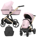 Kombikinderwagen in drei Ansichten: links Seitenansicht mit Babywanne, rechts Frontansicht mit Sportsitz, unten Vorderansicht eines passenden Rucksacks.