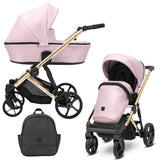 Kombikinderwagen in drei Ansichten: links Seitenansicht mit Babywanne, rechts Frontansicht mit Sportsitz, unten Vorderansicht eines passenden Rucksacks.
