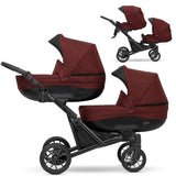 Zwillingskinderwagen-Set, Ansicht bestehend aus zwei 2-in-1 Kinderwagen in Claret mit schwarzem Rahmen.