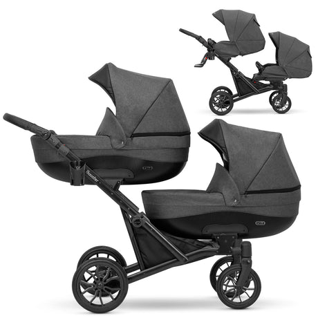 Zwillingskinderwagen-Set, Ansicht bestehend aus zwei 2-in-1 Kinderwagen in Graphit mit schwarzem Rahmen.