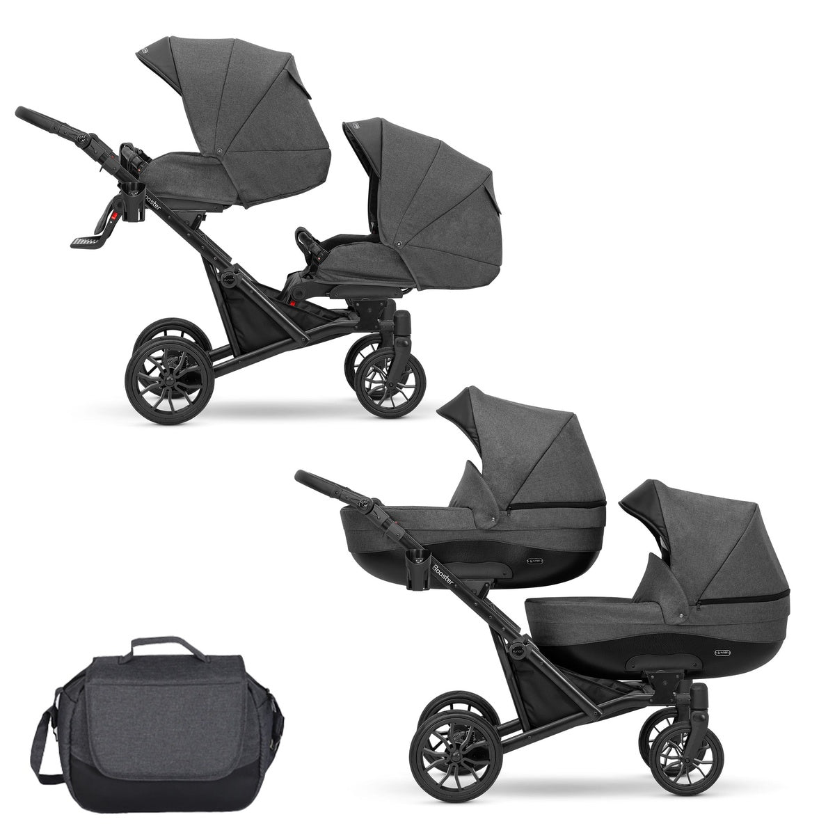 Zwillingskinderwagen-Set, Ansicht bestehend aus zwei 2-in-1 Kinderwagen in Graphit mit schwarzem Rahmen sowie einer Tasche.