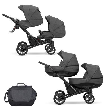 Zwillingskinderwagen-Set, Ansicht bestehend aus zwei 2-in-1 Kinderwagen in Graphit mit schwarzem Rahmen sowie einer Tasche.