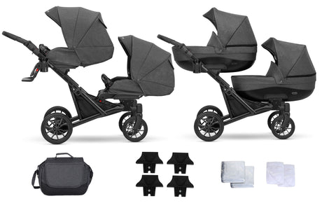 Zwillingskinderwagen-Set, Ansicht bestehend aus zwei 2-in-1 Kinderwagen in Graphit mit schwarzem Rahmen sowie Tasche, 2x Regenschutzfolie, 2x Moskitonetz und 4x Befestigungselemente.