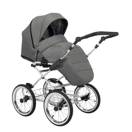 Ansicht von Schräg-Links einesmodernen Kinderwagens mit Babywanne.