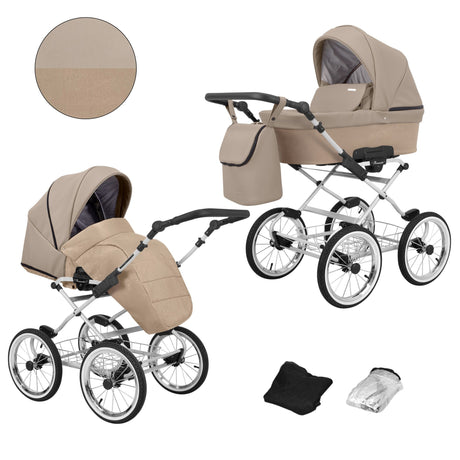 Kombikinderwagen in zwei Ansichten: links die linke Seitenansicht, rechts die rechte Seitenansicht. Inklusive passendem Rucksack, Fliegennetz und Regenschutz