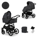 Kombikinderwagen in zwei Ansichten: links Seitenansicht mit Babywanne, rechts Frontansicht mit Sportsitz, unten Vorderansicht einer passenden Tragetasche und zwei Zubehörtaschen.