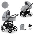 Kombikinderwagen in zwei Ansichten: links Seitenansicht mit Babywanne, rechts Frontansicht mit Sportsitz, unten Vorderansicht einer passenden Tragetasche und zwei Zubehörtaschen.