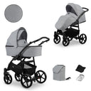 Kombikinderwagen in zwei Ansichten: links Seitenansicht mit Babywanne, rechts Frontansicht mit Sportsitz, unten Vorderansicht einer passenden Tragetasche und zwei Zubehörtaschen.