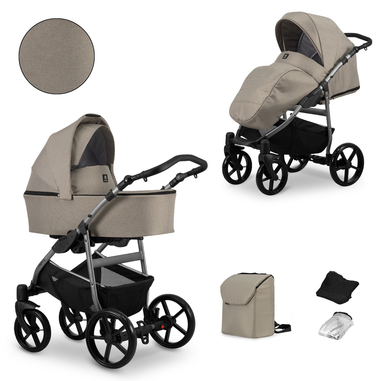 Kombikinderwagen in zwei Ansichten: links Seitenansicht mit Babywanne, rechts Frontansicht mit Sportsitz, unten Vorderansicht einer passenden Tragetasche und zwei Zubehörtaschen.