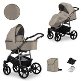 Kombikinderwagen in zwei Ansichten: links Seitenansicht mit Babywanne, rechts Frontansicht mit Sportsitz, unten Vorderansicht einer passenden Tragetasche und zwei Zubehörtaschen.