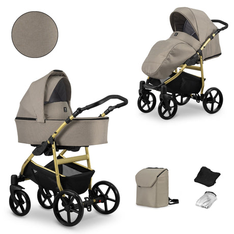 Kombikinderwagen in zwei Ansichten: links Seitenansicht mit Babywanne, rechts Frontansicht mit Sportsitz, unten Vorderansicht einer passenden Tragetasche und zwei Zubehörtaschen.