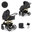 Kombikinderwagen in zwei Ansichten: links Seitenansicht mit Babywanne, rechts Frontansicht mit Sportsitz, unten Vorderansicht einer passenden Tragetasche und zwei Zubehörtaschen.