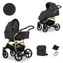 Kombikinderwagen in zwei Ansichten: links Seitenansicht mit Babywanne, rechts Frontansicht mit Sportsitz, unten Vorderansicht einer passenden Tragetasche und zwei Zubehörtaschen.