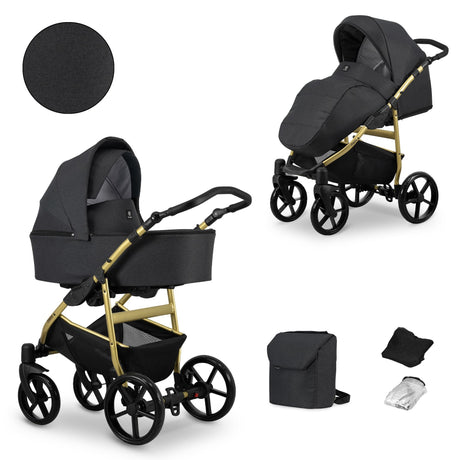 Kombikinderwagen in zwei Ansichten: links Seitenansicht mit Babywanne, rechts Frontansicht mit Sportsitz, unten Vorderansicht einer passenden Tragetasche und zwei Zubehörtaschen.