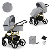 Kombikinderwagen in zwei Ansichten: links Seitenansicht mit Babywanne, rechts Frontansicht mit Sportsitz, unten Vorderansicht einer passenden Tragetasche und zwei Zubehörtaschen.