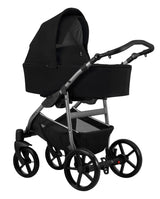 Ansicht von Schräg-Links einesmodernen Kinderwagens mit Babywanne.