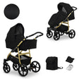 Kombikinderwagen in zwei Ansichten: links Seitenansicht mit Babywanne, rechts Frontansicht mit Sportsitz, unten Vorderansicht einer passenden Tragetasche und zwei Zubehörtaschen.