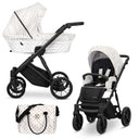 Kombikinderwagen in drei Ansichten: links Seitenansicht mit Babywanne, rechts Frontansicht mit Sportsitz, unten Vorderansicht eines passenden Rucksacks.