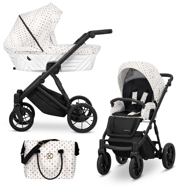 Kombikinderwagen in drei Ansichten: links Seitenansicht mit Babywanne, rechts Frontansicht mit Sportsitz, unten Vorderansicht eines passenden Rucksacks.