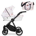 Kombikinderwagen in drei Ansichten: links Seitenansicht mit Babywanne, rechts Frontansicht mit Sportsitz, unten Vorderansicht eines passenden Rucksacks.
