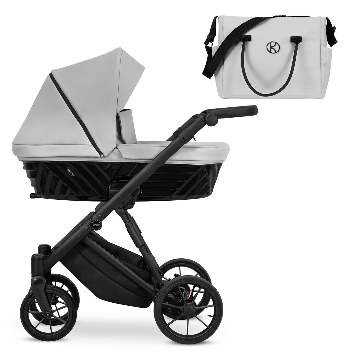 Kombikinderwagen in drei Ansichten: links Seitenansicht mit Babywanne, rechts Frontansicht mit Sportsitz, unten Vorderansicht eines passenden Rucksacks.