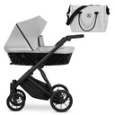 Kombikinderwagen in drei Ansichten: links Seitenansicht mit Babywanne, rechts Frontansicht mit Sportsitz, unten Vorderansicht eines passenden Rucksacks.