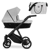 Kombikinderwagen in drei Ansichten: links Seitenansicht mit Babywanne, rechts Frontansicht mit Sportsitz, unten Vorderansicht eines passenden Rucksacks.