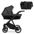 Kombikinderwagen in drei Ansichten: links Seitenansicht mit Babywanne, rechts Frontansicht mit Sportsitz, unten Vorderansicht eines passenden Rucksacks.