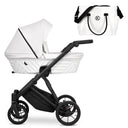 Kombikinderwagen in drei Ansichten: links Seitenansicht mit Babywanne, rechts Frontansicht mit Sportsitz, unten Vorderansicht eines passenden Rucksacks.