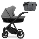Kombikinderwagen in drei Ansichten: links Seitenansicht mit Babywanne, rechts Frontansicht mit Sportsitz, unten Vorderansicht eines passenden Rucksacks.